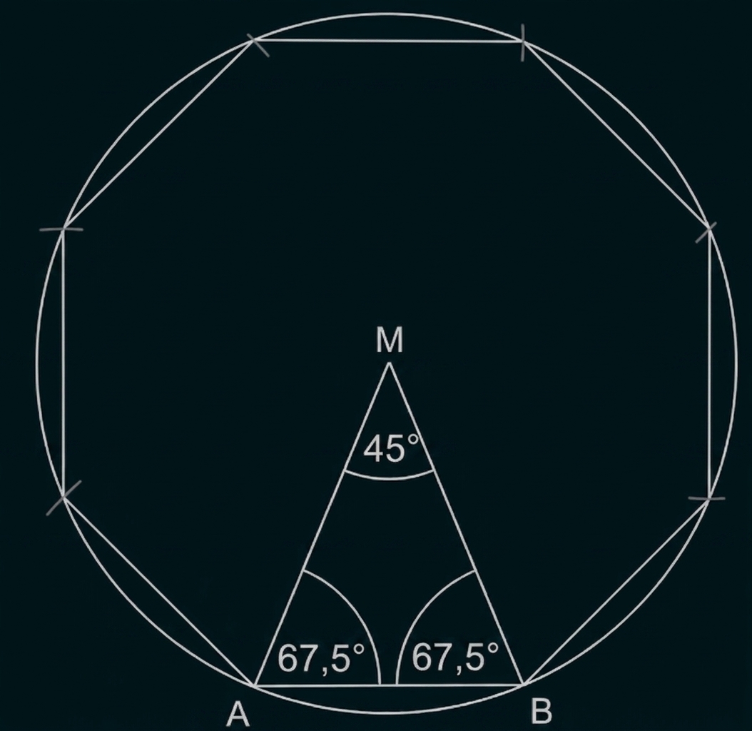 Geometrische Skizze mit Vieleck, Kreis und Winkeln bei A, B und M.